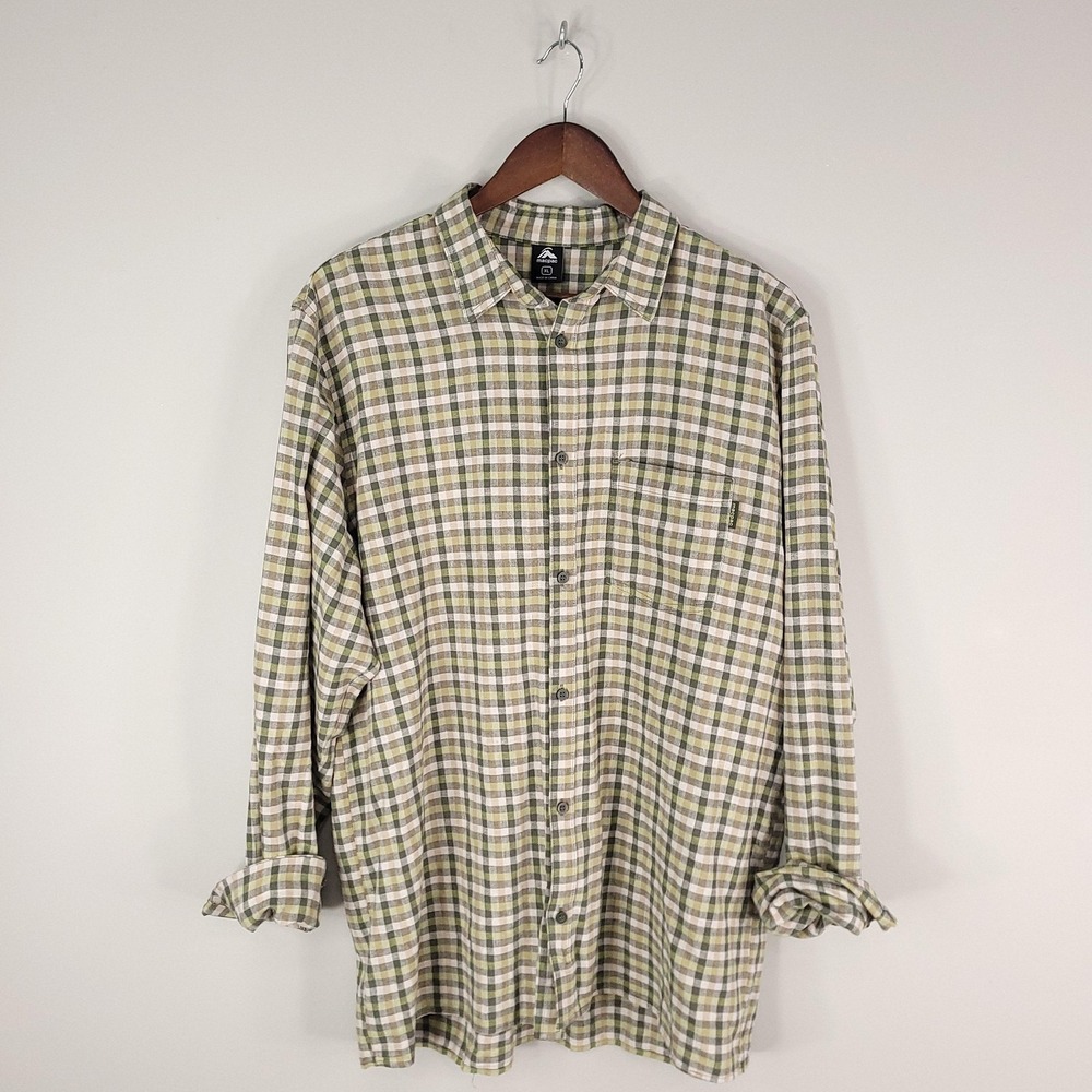Macpac Shirt Mens XL Green Brown Plaid‎ Long Sleeve Hemp Organic Cotton Outdoor